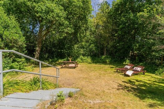 Der Garten mit Sonnenliegen und Picknicktisch