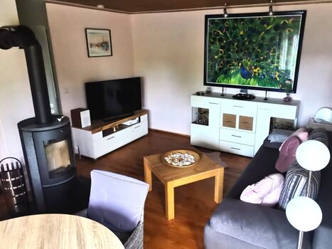 Wohnbereich mit Smart-TV und Kaminofen