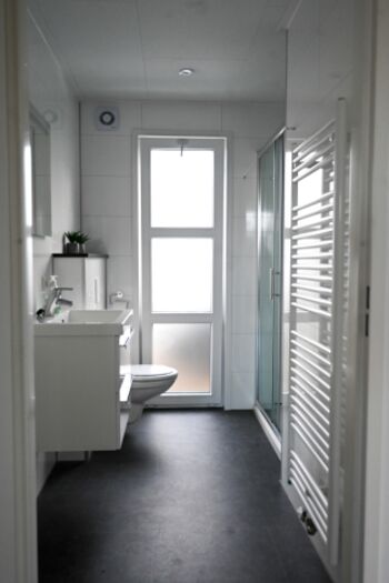 Das Bad ist mit Dusche und Toilette ausgestattet