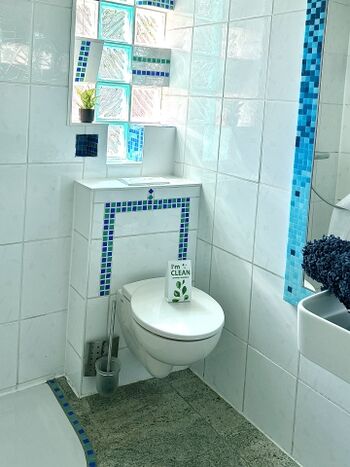 Tiny Bad mit Dusche, Waschbecken und WC.