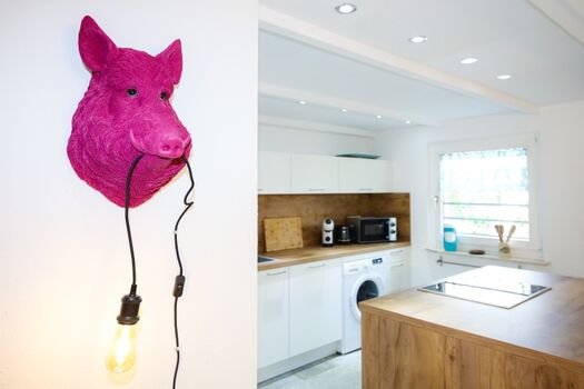 Voll ausgestattete Küche mit Spül -und Waschmaschine.