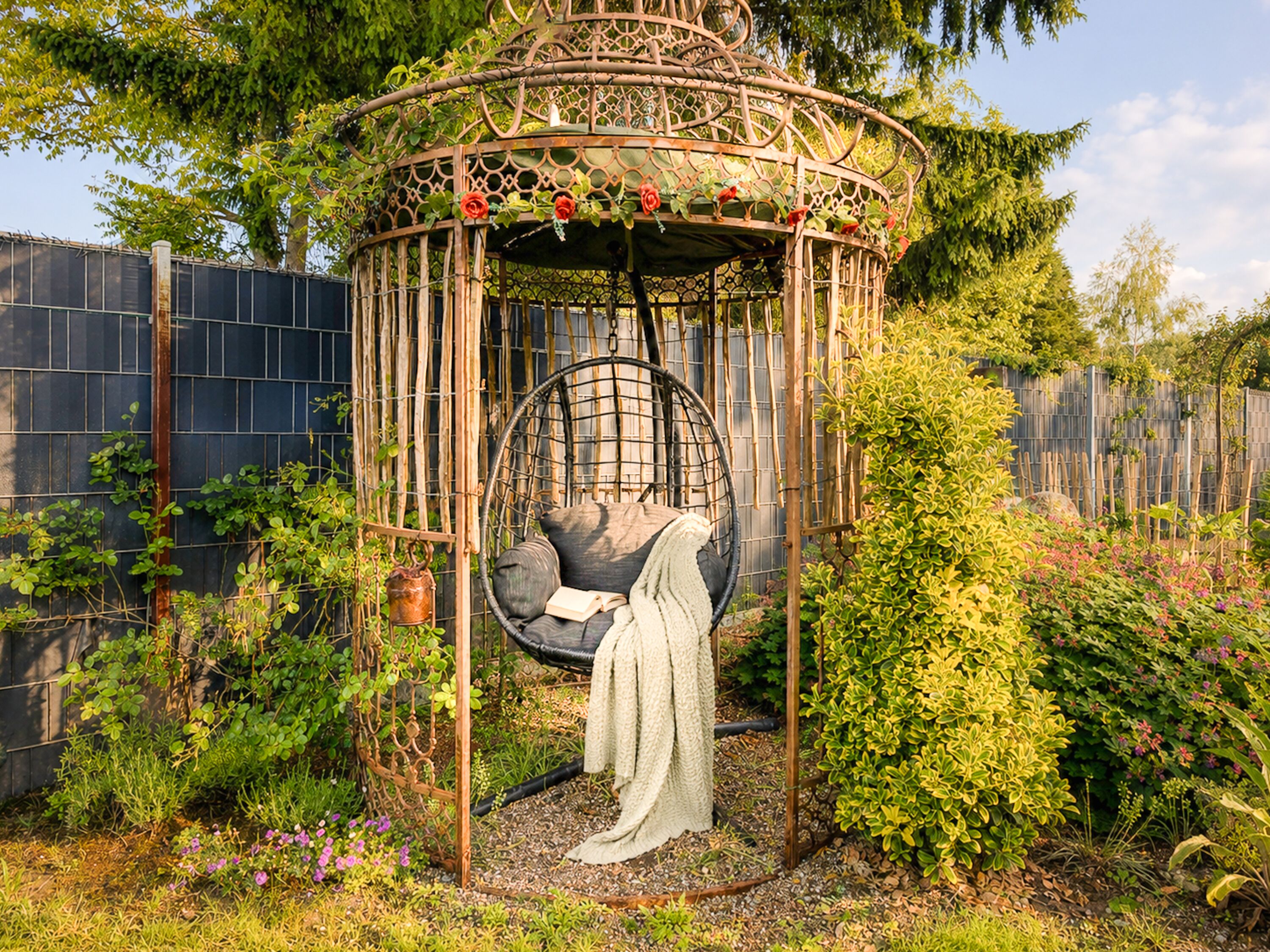 Rosenpavilion mit Schaukelsessel.