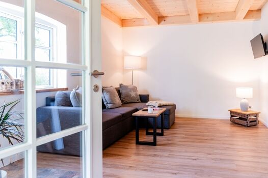 Blick vom Eingang in den Wohnbereich mit Smart-TV