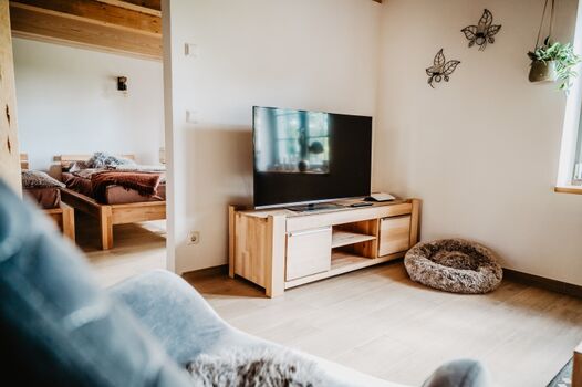 Wohnzimmer mit Blick ins Schlafzimmer im Erdgeschoß