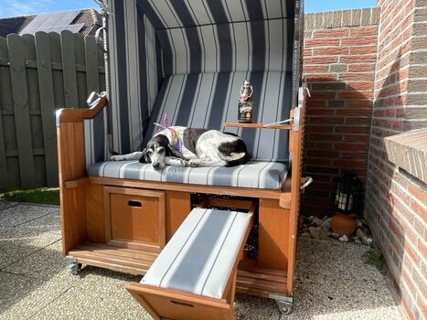 Marie genießt die Sonne im Strandkorb im Huus Marie 