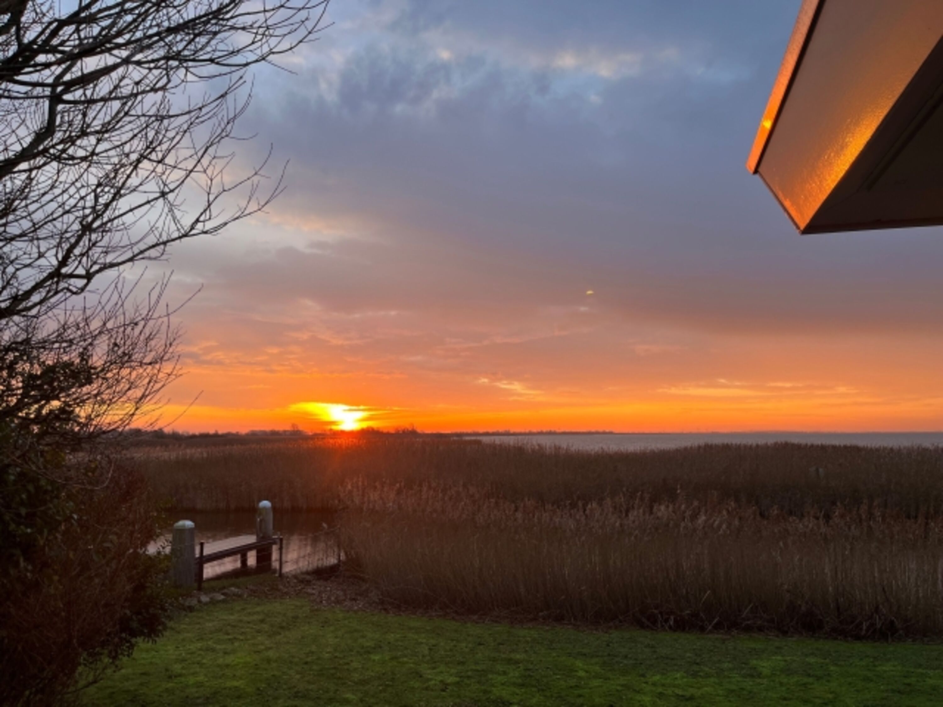Blick über das Naturschutzgebiet zum Sonnenaufgang vom Garten aus