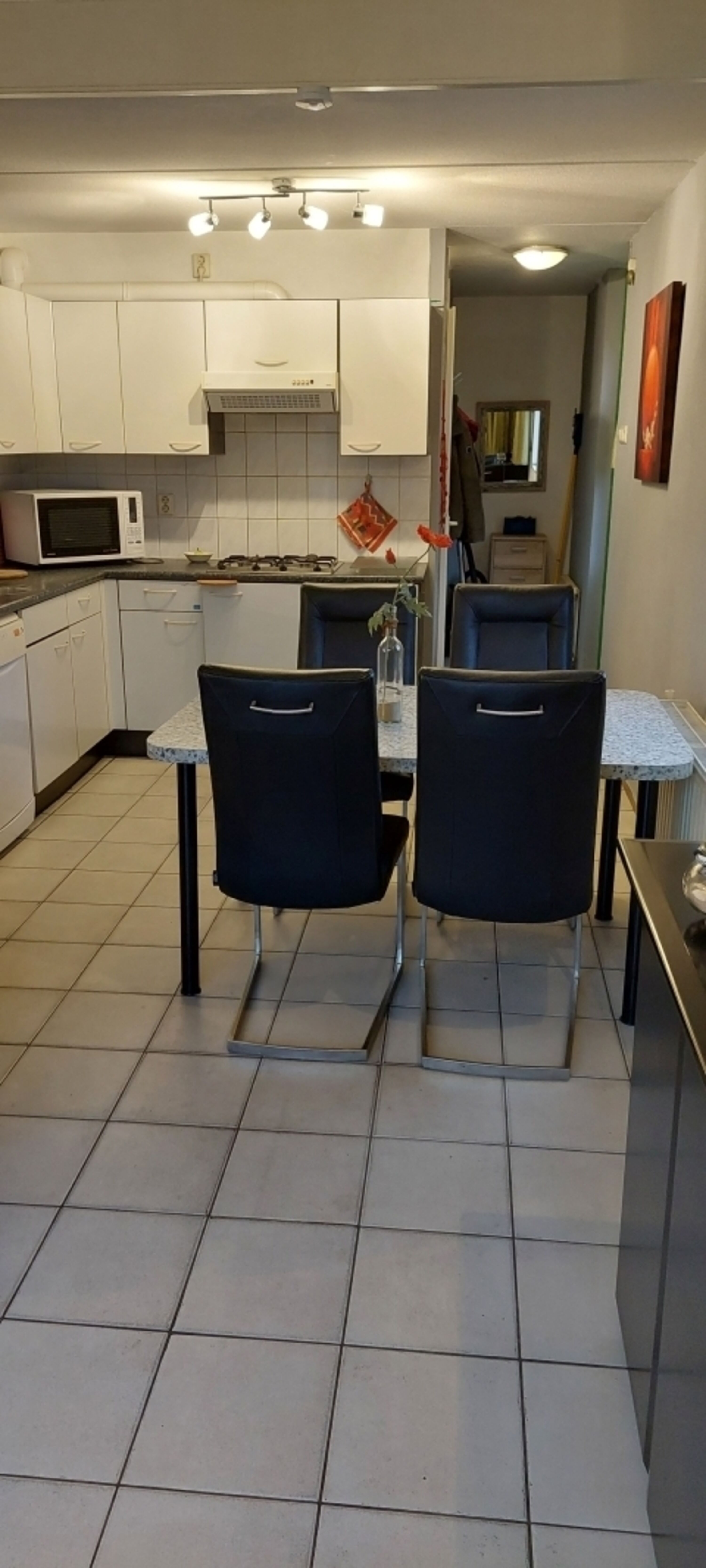 Essbereich mit Küche, Zusatzstühle vorhanden, Mikrowelle (Heißluft), reichhaltige Küchenausstattung