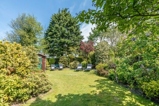 Der sonnige Garten mit Sonnenliegen