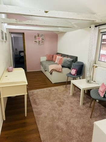 Wohnzimmer mit ausziehbarer Couch und Fernseher