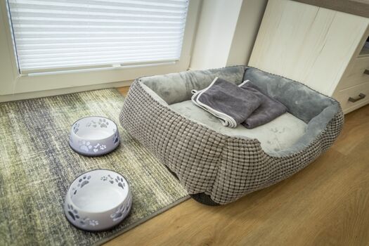 Hundebett und Näpfe vorhanden