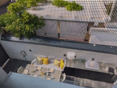 Blick durch das feinmaschige Moskitonetz (im gesamten Haus installiert) auf die uneinsehbare Innenhof-Terrasse: Außenküche mit elektrischem Grill und Spüle.