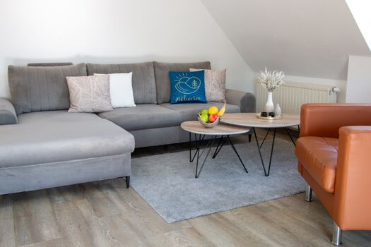 Gemütliche Sitzecke mit bequemem Sofa und Designer-Sessel