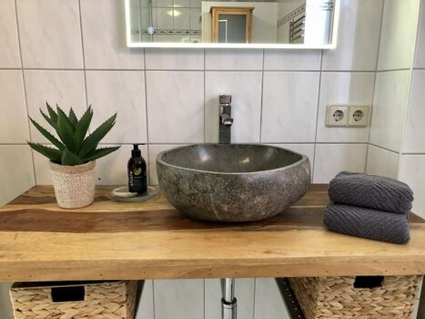 Bad mit geräumiger Dusche, WC, Tageslichtfenster und Fön