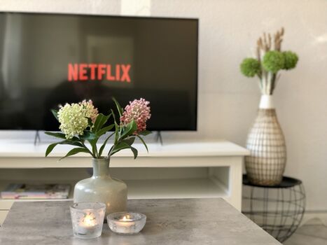 Wohnbereich mit 2 zweier Sofas, Smart-TV, Wlan und Schreibtisch