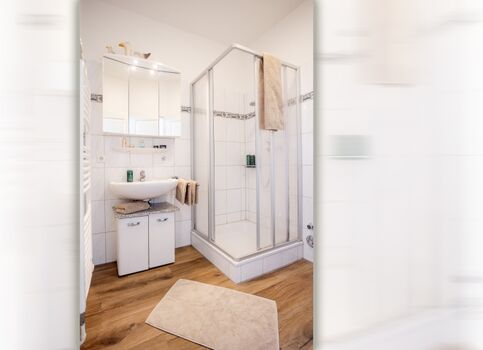 Dusche und Waschtisch im Bad