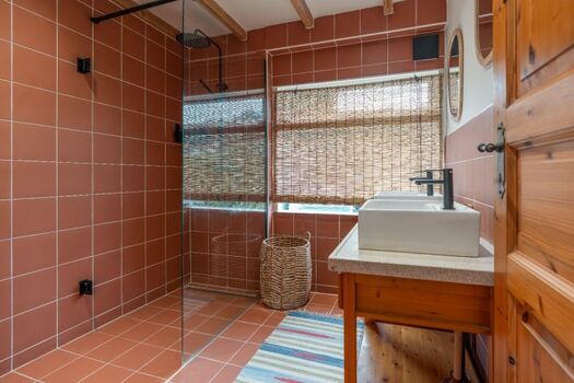 Das moderne Badezimmer mit Waschbecken und Regendusche