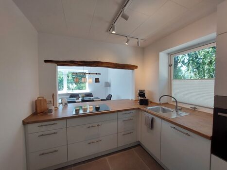 Moderne EBK mit Induktionskochfeld, integrierter Absaugung, Gefrierschrank, etc.