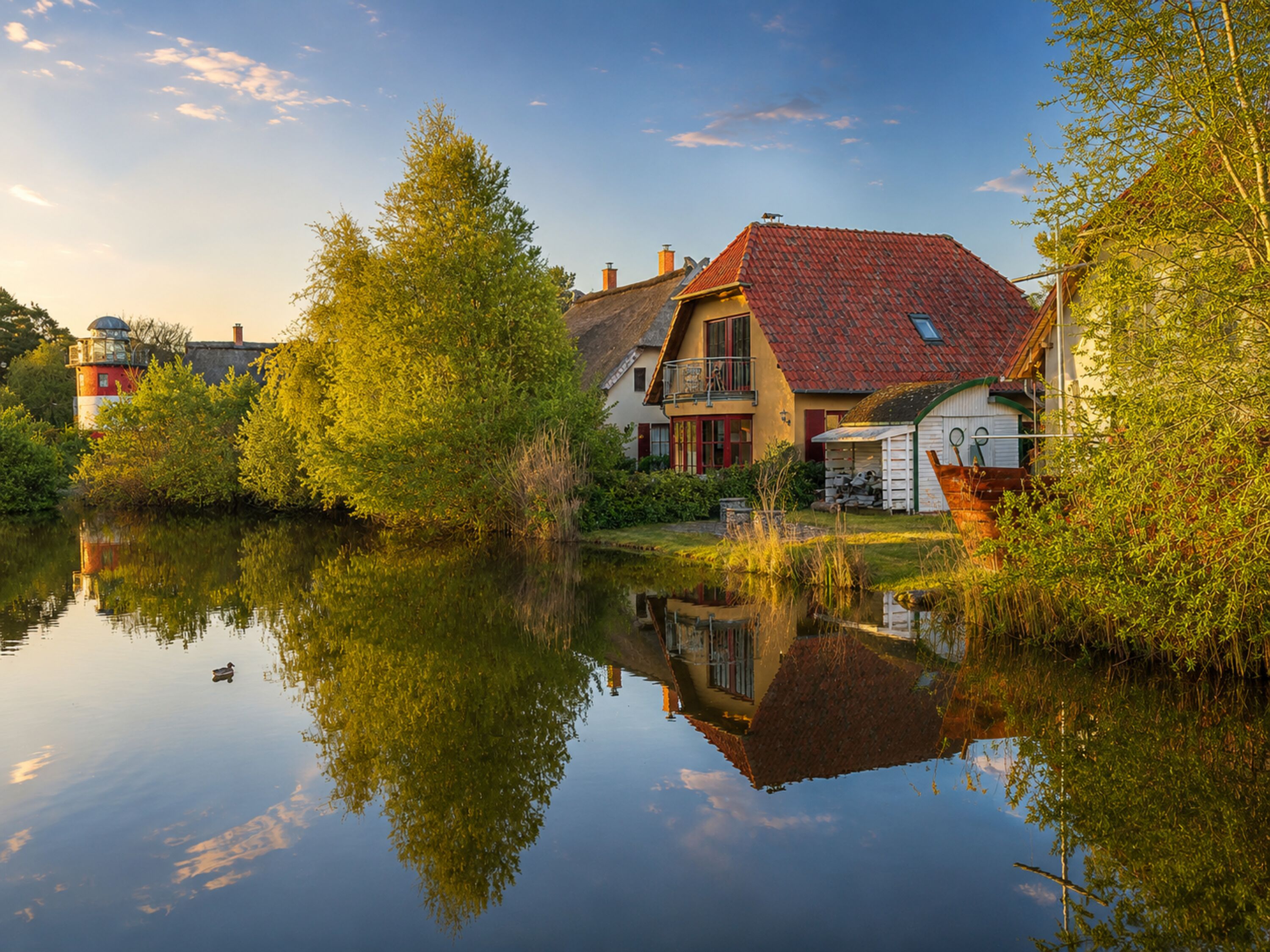 Blick über den idyllischen kleinen Teich direkt am Haus