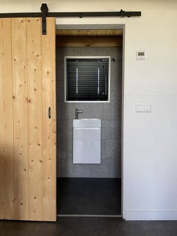 Das Bad ist mit einem Waschbecken, Toilette und Dusche ausgestattet