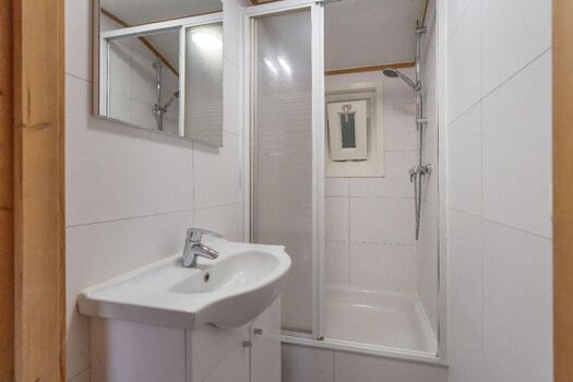 Badezimmer mit Dusche und Waschbecken