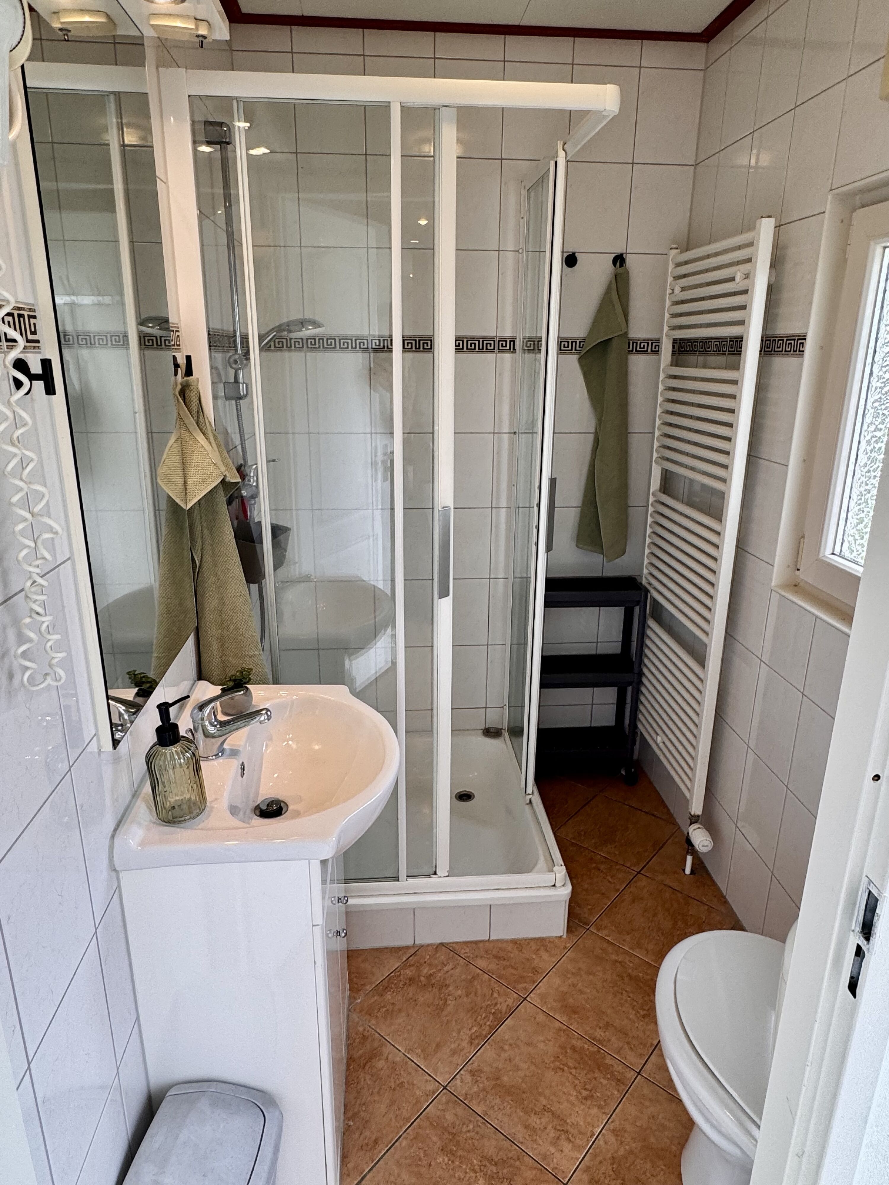 Bad mit Fön, Dusche und Handtuchheizung