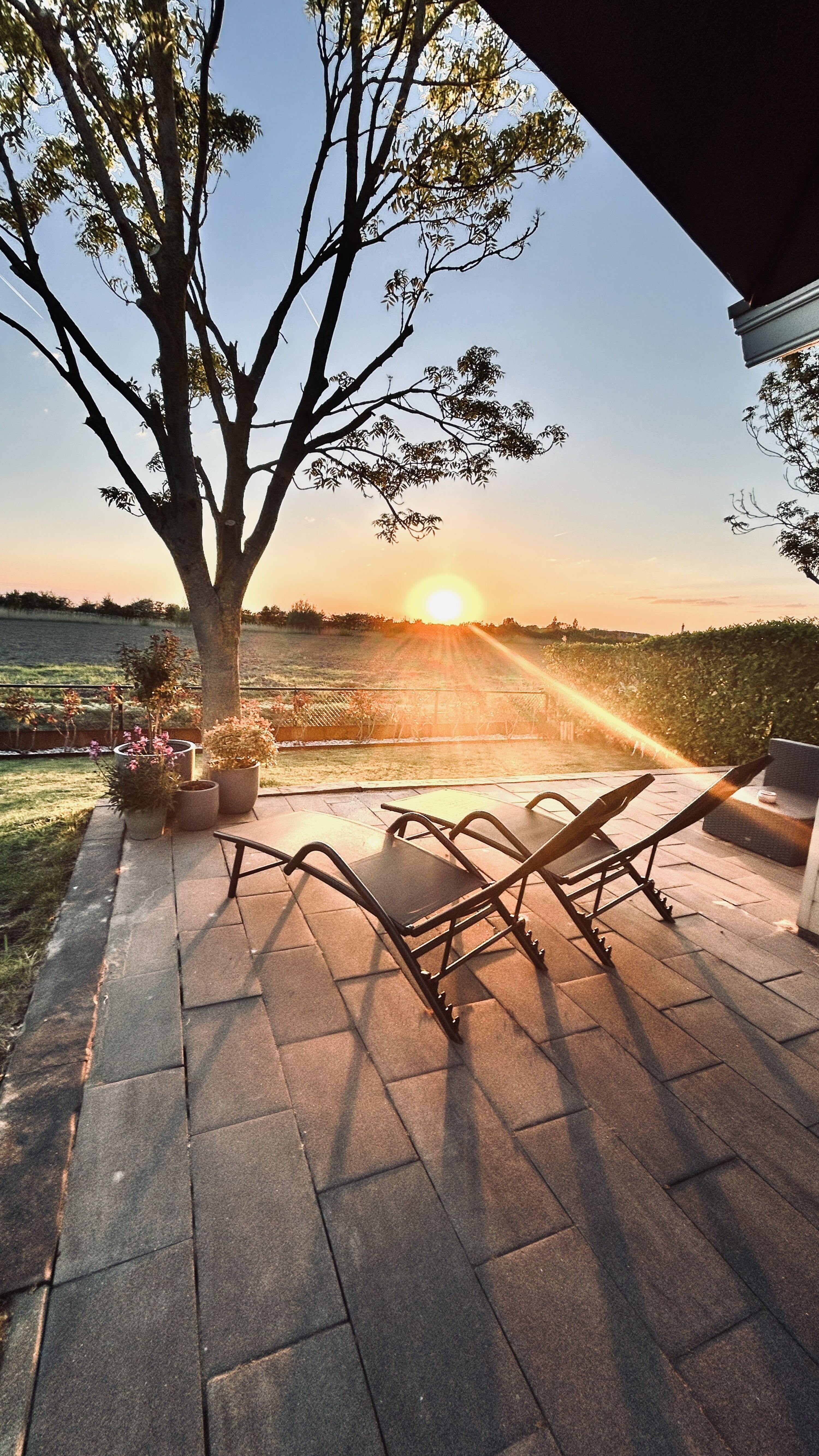 Sundowner auf der Terrasse von Chalet SimplyMeer – ankommen, zurücklehnen und den Tag in Gold verabschieden.
