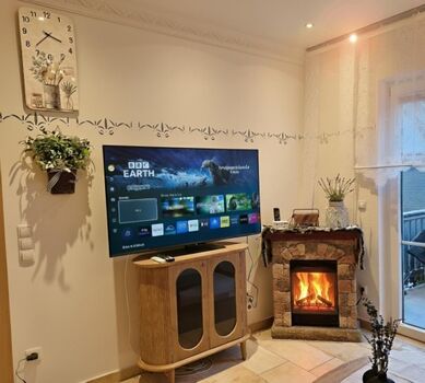 „Heimkino-Feeling mit Wohlfühl-Garantie.“„Ein warmer Platz für Ihren Liebling: Direkt neben dem E-Kamin und auf der warmen Fußbodenheizung wird sich Ihr Hund sofort pudelwohl fühlen.“