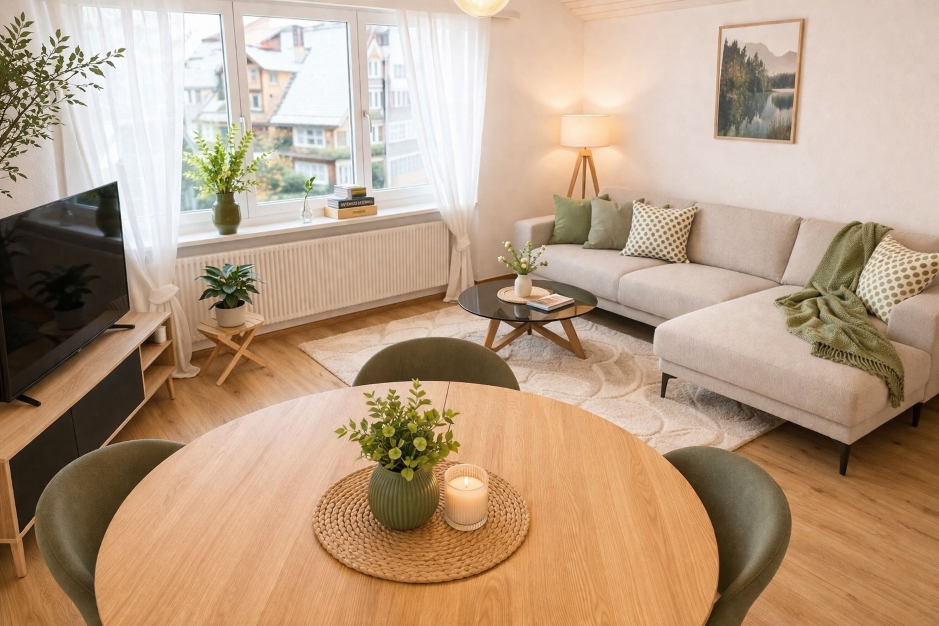 Wohnzimmer mit Esstisch und Sofa