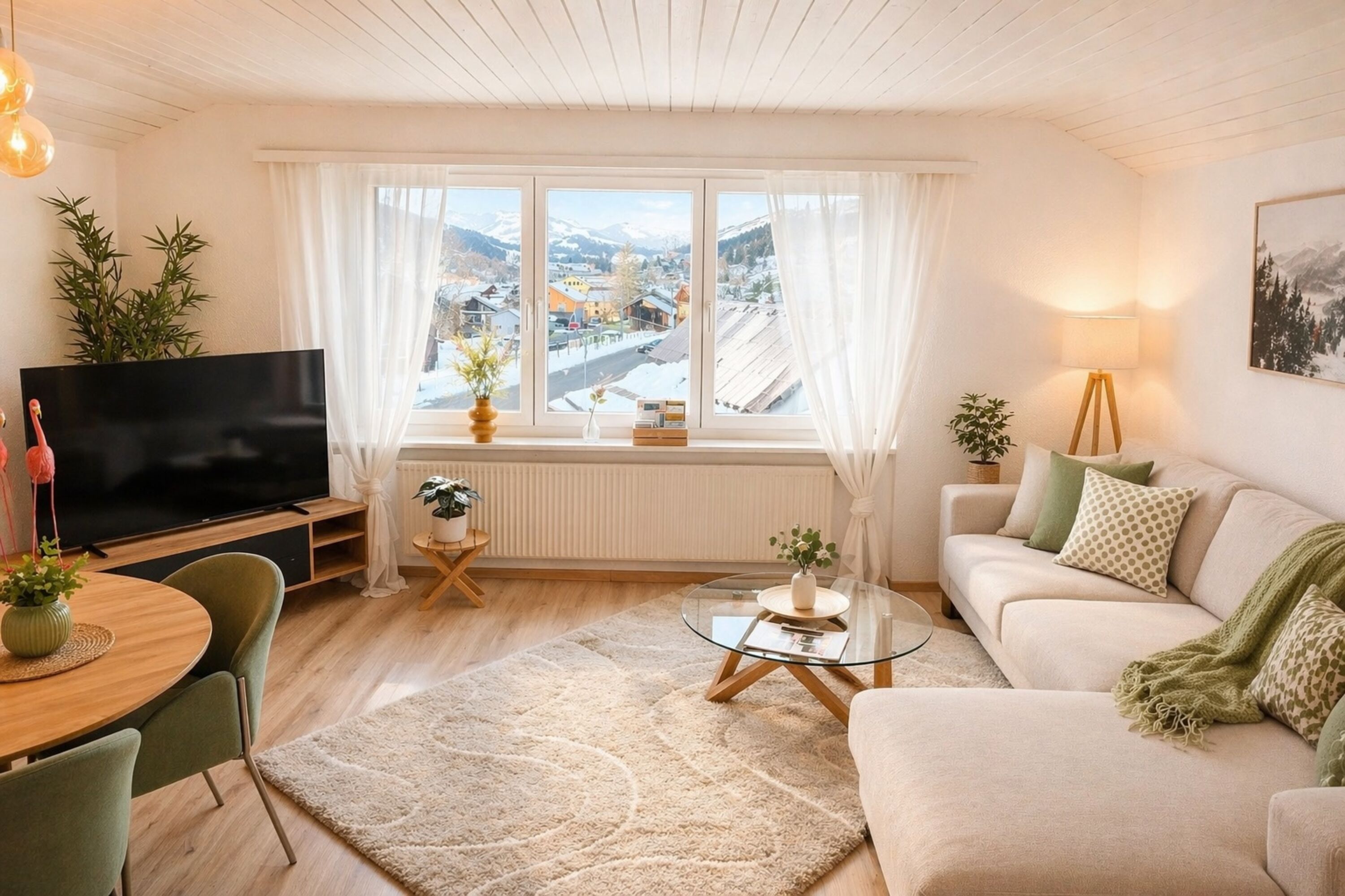 Wohnzimmer mit Esstisch und Sofa