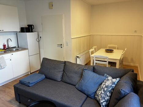 Wohn- und Essebereich mit Eckcouch und Küchenzeile