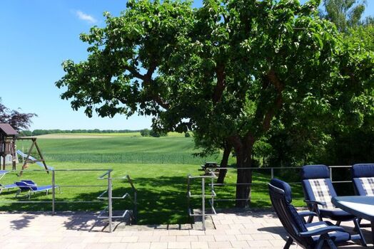 Blick von der Terrasse auf den eingezäunten Garten