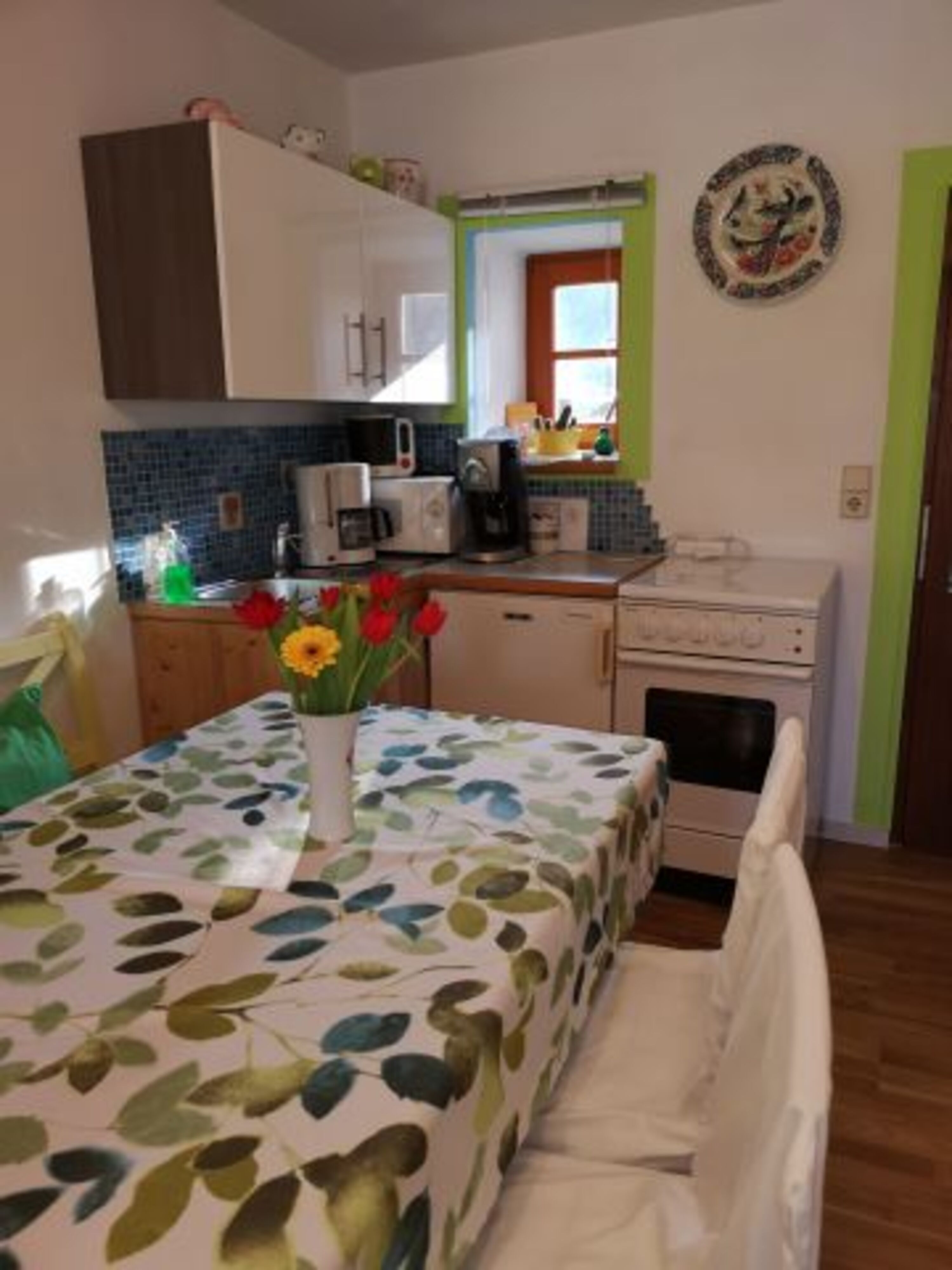 Küchenzeile und Esstisch im FamZi/Appartment SAUSTALL