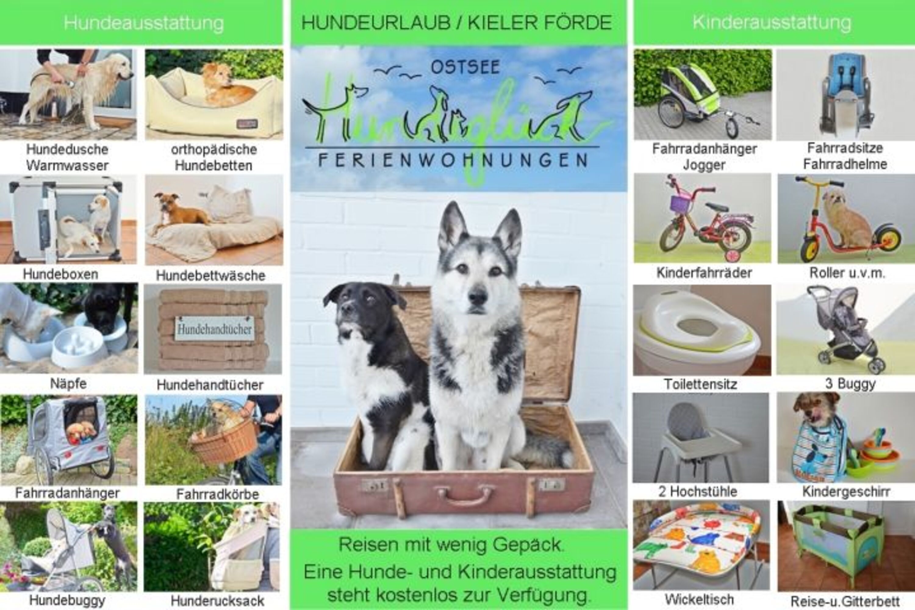 Reisen mit wenig Gepäck: umfangreiche Hunde, Katzen- und Kinderausstattung