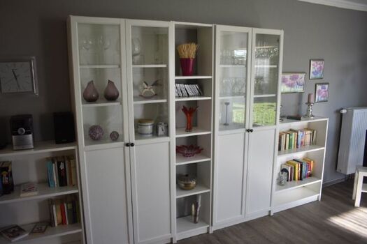 Schrankwand mit Gläser, Musikanlage, Cds und Bücher