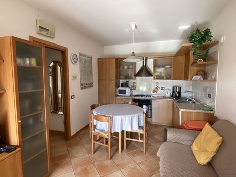 Wohnraum mit Schlafsofa und Kochnische