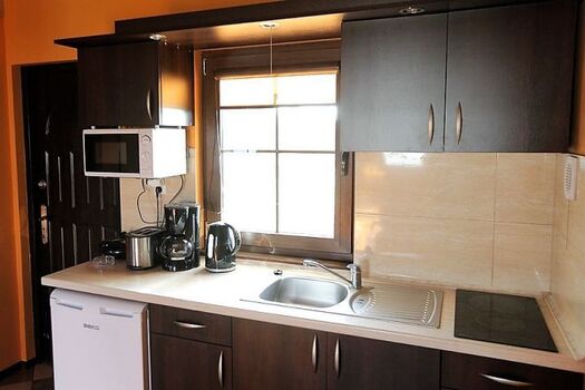 Zu der Ausstatung der Küche gehören Elektroherd, Wasserkocher, Mikrowelle, Kaffeemaschine, Toaster, Sandwich, Kühlschrank mit kleiner Gefriertruhe, Spüle,Küchengrundausstattung (Becher, Teller, Besteck, Töpfe, Gläser).