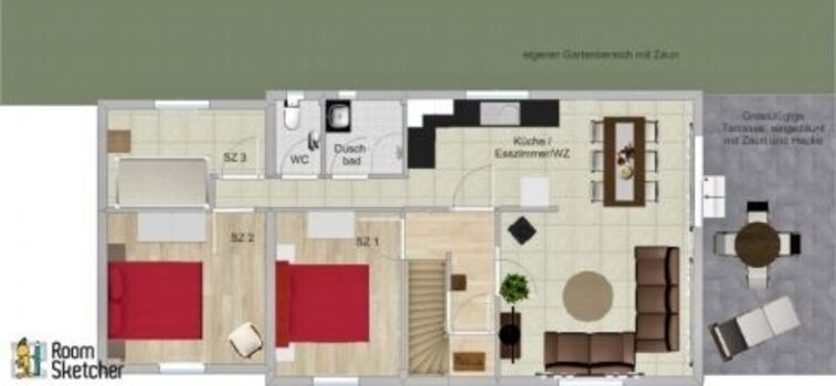 Grundriss der Ferienwohnung inkl. Terrasse/Garten