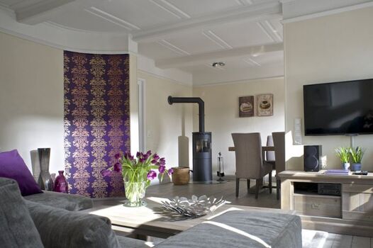 Wohnbereich mit Kamin und Flachbildschirm