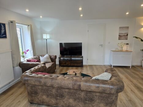 Gemütliches Wohnzimmer mit Couch und elektrischem Kamin