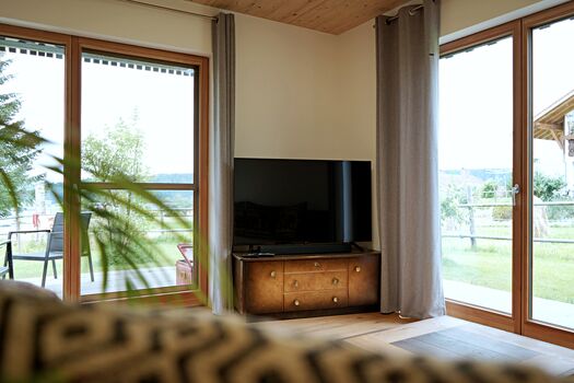 Couch mit TV und Blick auf die Terrasse