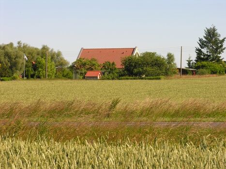 von drei Seiten von Feldern umgeben