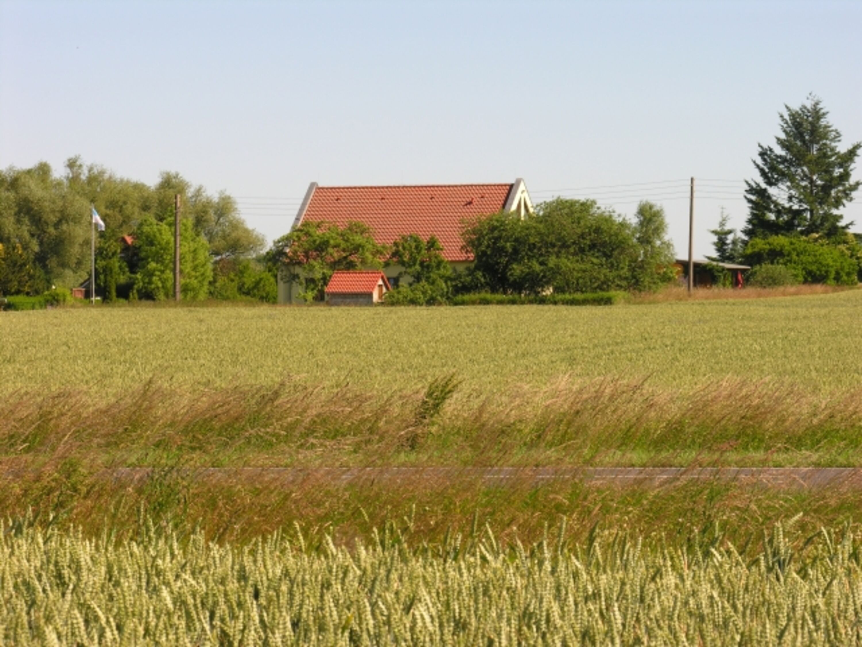 von drei Seiten von Feldern umgeben