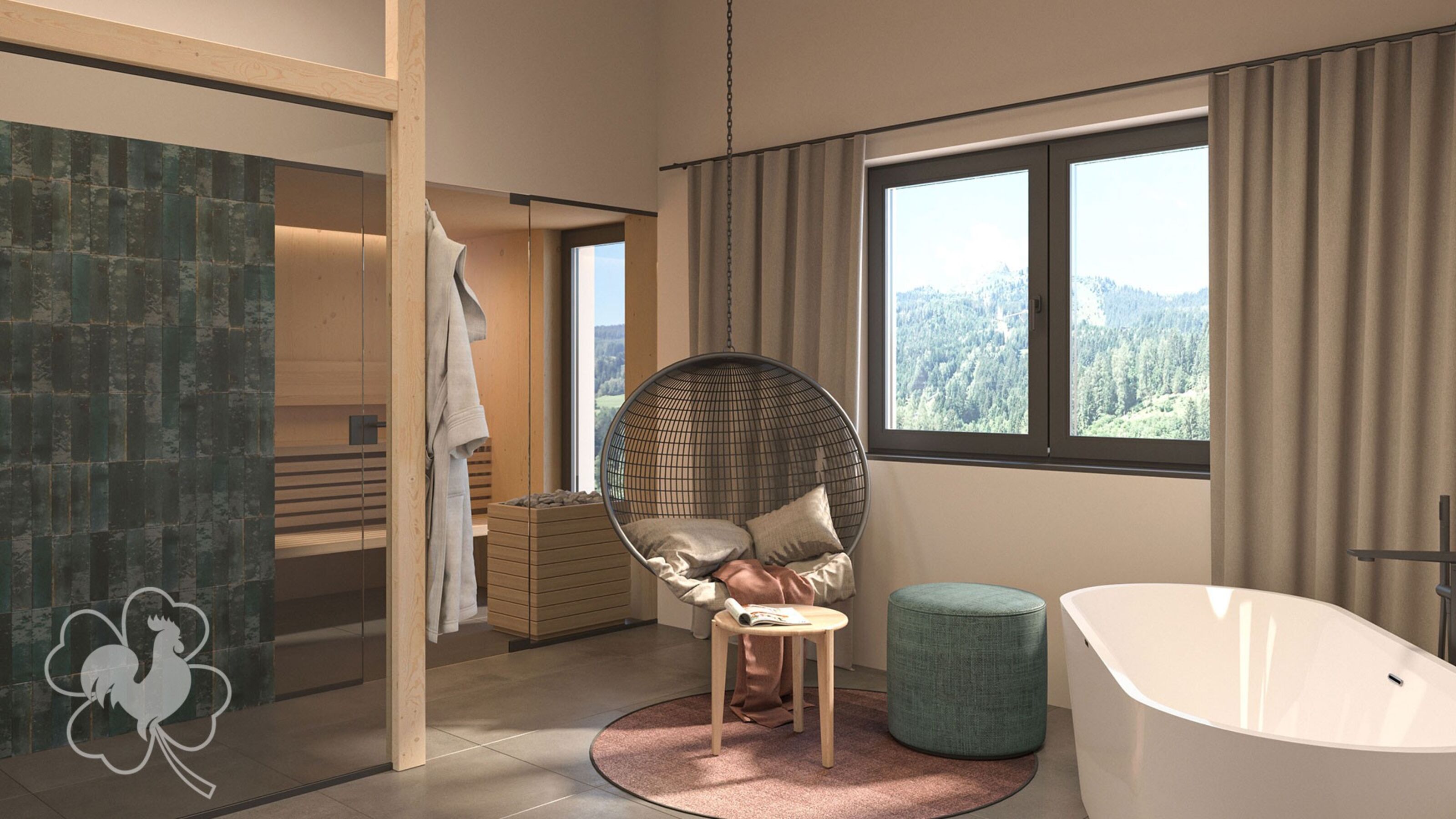 Hängesessel und freistehende Badewanne Badezimmer oben