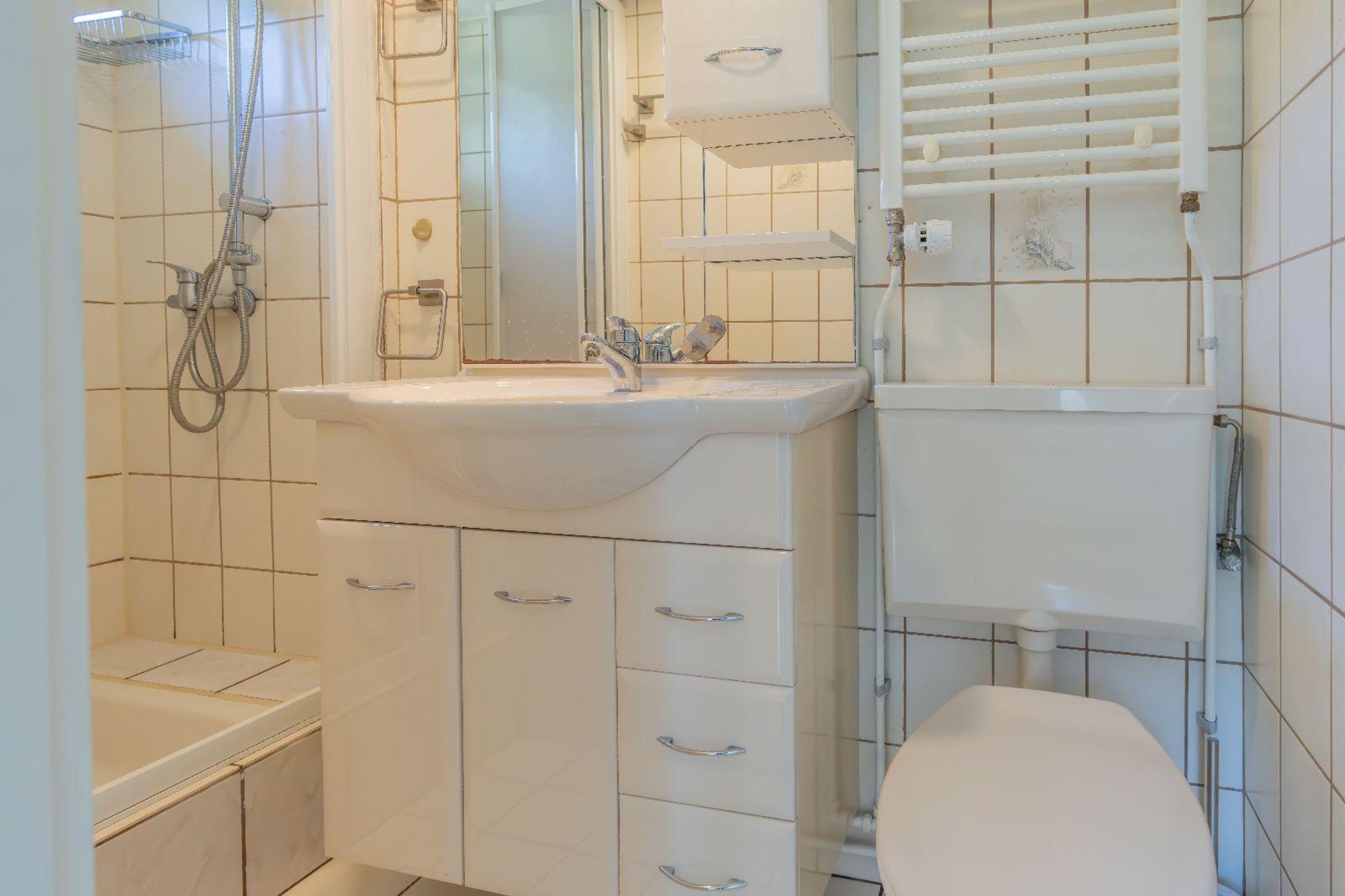 Badezimmer mit Dusche, Waschbecken und WC