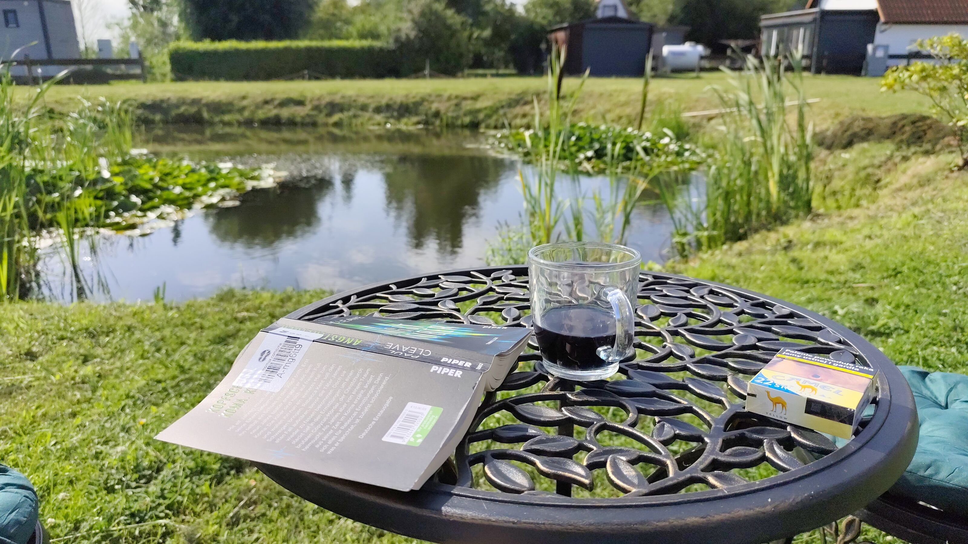 Blick vom Bungalow aus auf den Teich,dort können die Gäste chillen, wenn sie möchten