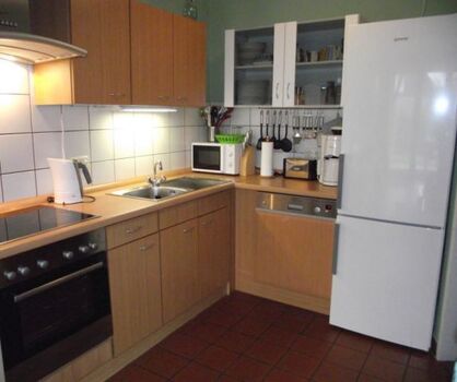 Küche mit Herd, Ceranfeld, Spülmaschine, Kühlschrank mit Gefrierfächer