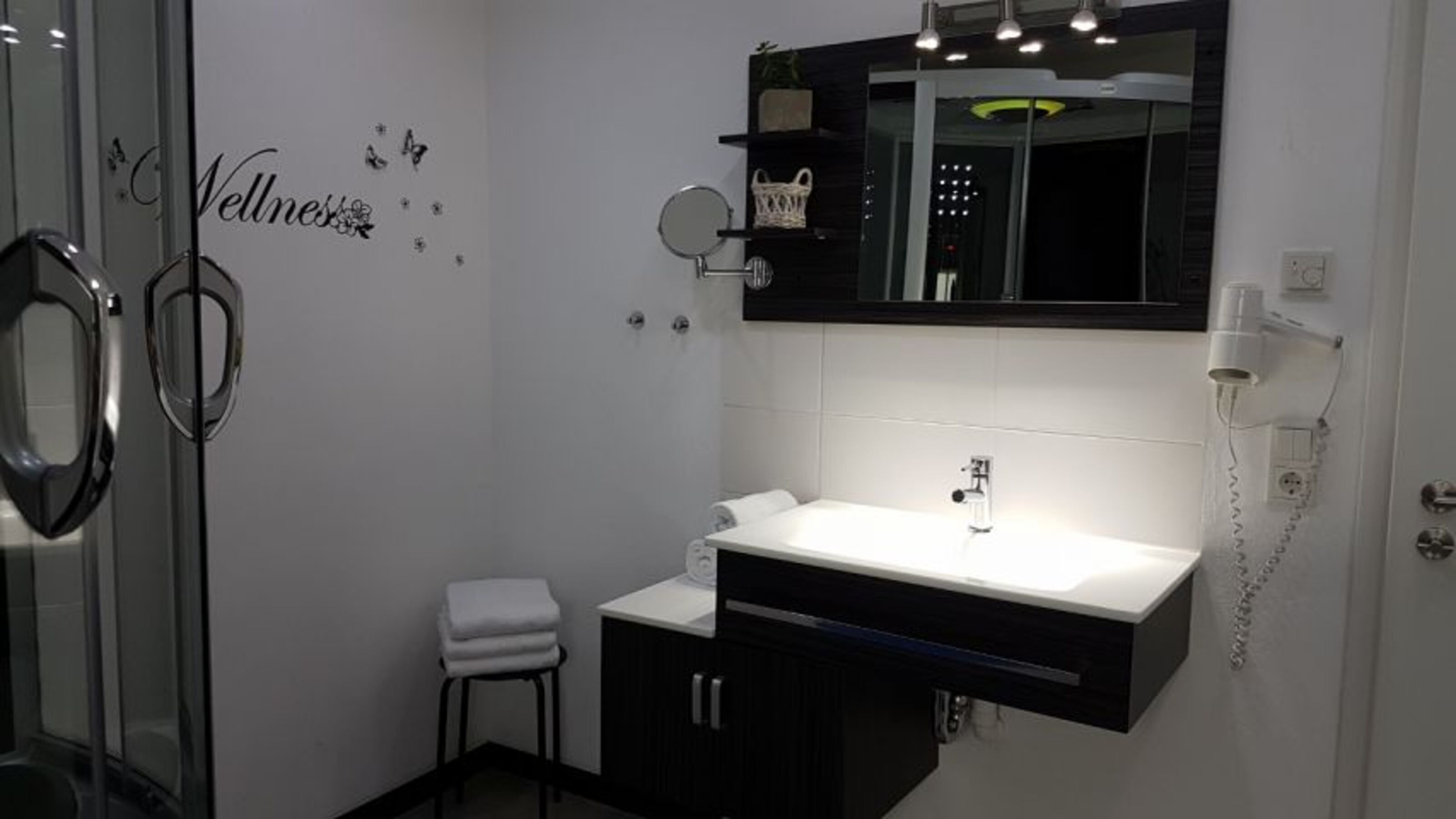 Bad im Erdgeschoss - Dampfdusche mit Whirlpoolbadewanne, WC, Waschbecken, Föhn