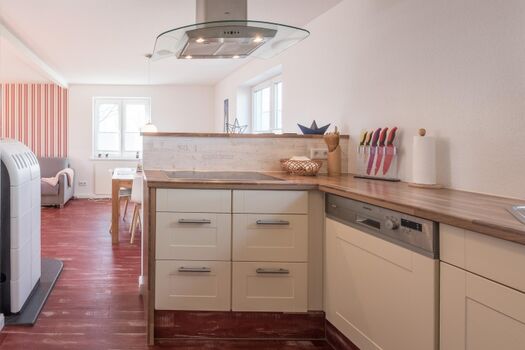 Altes Schäferhaus - moderner Herd mit Blick in den Wohnbereich 