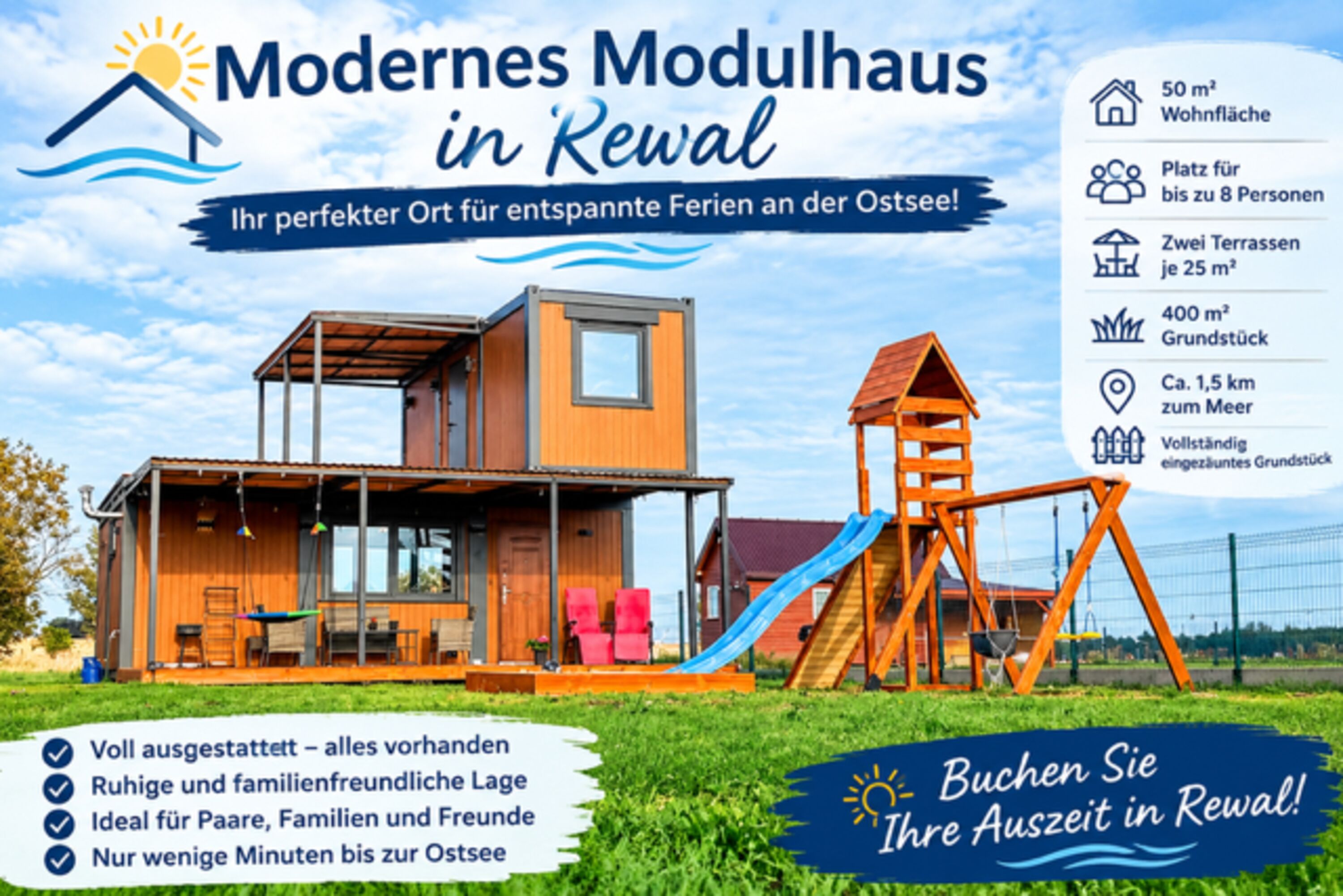Modernes Modulhaus in Rewal – der perfekte Ort für einen erholsamen Familienurlaub 🌊🌿 Sie suchen einen Ort, an dem Sie wirklich entspannen können? Willkommen in unserem modernen und komfortablen Modulhaus in Rewal, in einer wunderschönen, ruhigen Umgebung, umgeben von Feldern, Wäldern und viel Natur. 🌳🌾 Das Ferienhaus ist 55 m² groß und bietet bequem Platz für bis zu 8 Personen. Zur Verfügung stehen 3 Schlafzimmer, ein Badezimmer sowie eine vollständig ausgestattete Küche – mit Kühlschrank, Geschirrspüler, Töpfen, Tellern, Besteck und allem, was Sie für einen entspannten Urlaub benötigen. 🛏️🍽️ Außerdem gibt es eine Waschmaschine, einen Fernseher und WLAN/Internet. 📺📶 Draußen erwartet Sie ein privates, vollständig eingezäuntes Grundstück mit 400 m² sowie zwei großzügige Terrassen – jeweils 25 m². ☀️🌿 Für die kleinen Gäste gibt es einen schönen Kinderspielplatz und für die ganze Familie stehen Grill und eine Feuerstelle für gemütliche Lagerfeuerabende zur Verfügung. 🛝🔥🥩 🐾 Haustiere sind bei uns herzlich willkommen! Auch Ihr vierbeiniger Freund darf den Urlaub gemeinsam mit der ganzen Familie genießen. 🐶❤️ Wir akzeptieren bis zu 4 Hunde