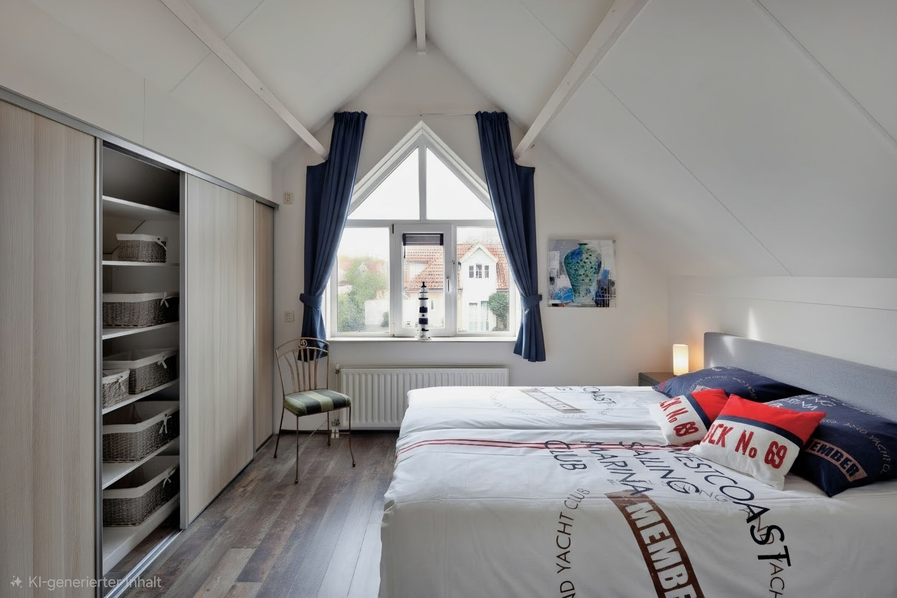 Schlafzimmer 1 mit bequemen Boxspringbett, geräumigem Einbauschrank und Verdunkelungsvorhängen